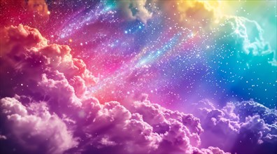 Colorful clouds with a cosmic atmosphere, scattered stars, and vibrant abstract rays, ai generated,