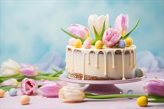 Easter cream cake with tulip spring flowers and small easter eggs. KI generiert, generiert AI