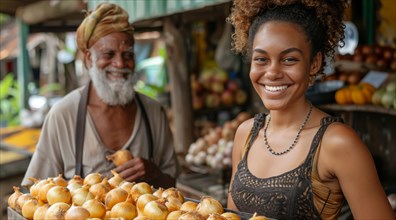 Young woman with a bright smile standing next to an elderly man at an onion stall, ai generated, AI
