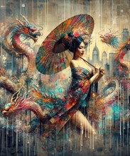 A vibrant fantasy portrayal of an Asian sexy woman dressed with vintage kimono with an umbrella and