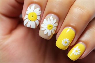 Woman's summer themed fingernails with daisy flowers nail design with yellow and white color. KI