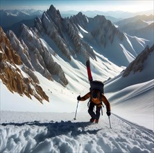 A mountaineer climbs up a steep snowy slope in the mountains, symbolic image mountaineering,