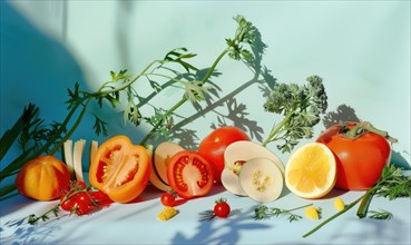 Tomatoes, lemons, peppers and parsley on a white background. AI generated