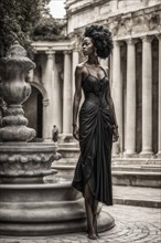Graceful black fit elegant wealthy woman in elegant attire striking a dynamic pose in an old-world