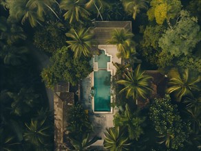 Aerial view of a secluded luxury villa with a swimming pool surrounded by tropical trees, Playa del