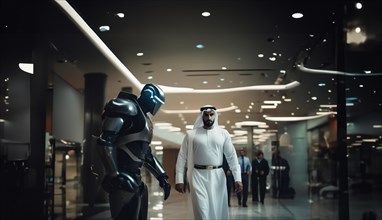 Robot bodyguard assistant to a businessman, personal security guard of a businessman, AI generated