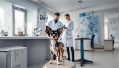 Small toy terrier dog at a veterinary clinic appointment, AI generated
