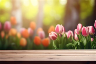 Wooden empty board with defocused blooming colorful tulip spring flowers in background. KI