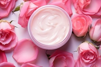 Pot of face cream surrounded with pink rose flower petals. KI generiert, generiert AI generated