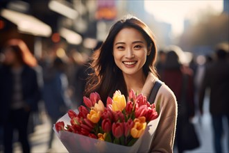 Young smiling Asian woman with large bouquet of tulip spring flowers in street. KI generiert,