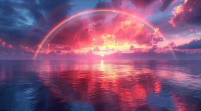 A calm ocean scene with a stunning rainbow, clouds, and sun reflected in the water, ai generated,