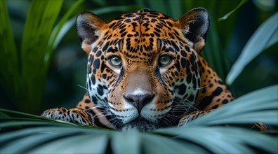 The Jaguar (Panthera onca), The King of the Amazon Jungle, peeking through lush green foliage with