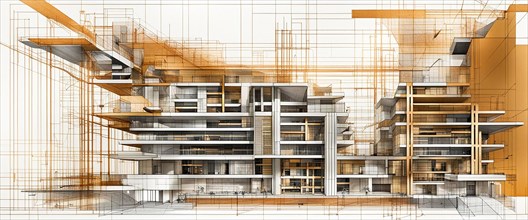 Complex architectural design blending a detailed blueprint with a sepia-toned 3D perspective,