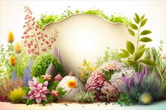 Colorful floral border with a blank center for text or images nestled among fresh greenery, Spring