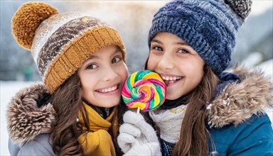 Two girls 12 15 years happy about a big lollipop bobble hat winter jacket portrait laughing