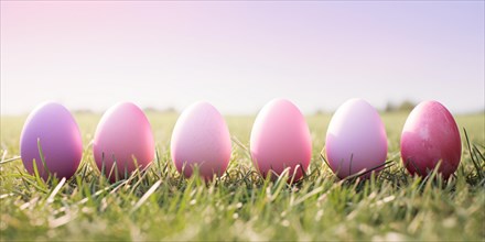 Pastel pink and violet Easter eggs in a row on grass. KI generiert, generiert AI generated