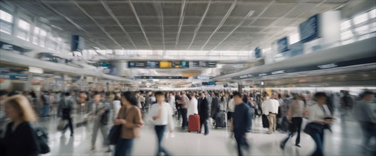 Busy airport scene with motion blur showing hurried travelers and modern architecture, horizontal