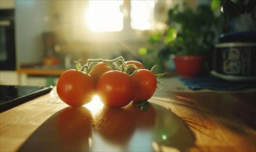 Tomatoes on the table in the kitchen. Selective focus AI generated