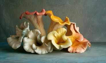 Still life with group of yellow and orange chanterelle mushrooms AI generated