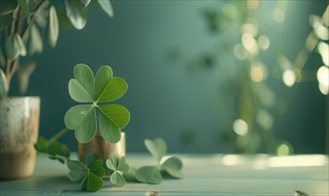St. Patrick's Day background with shamrocks and bokeh. AI generated