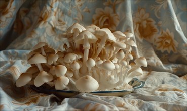 Bunch of white shimeji mushrooms on a saucer AI generated