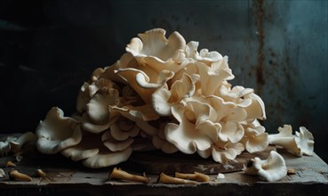Fresh oyster mushrooms on a wooden board. Selective focus AI generated