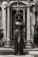 Regal african woman with an afro hairstyle standing by classical greek columns and facade, AI