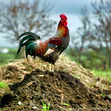 A proud, colourful rooster, standing on a molehill and looking into the surroundings, AI generated,