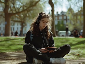A serene young woman sitting on grass in a park, wearing headphones and using a smartphone, girl