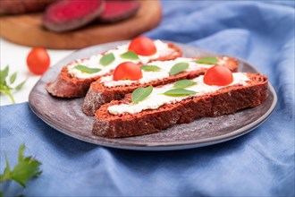 Red beet bread sandwiches with cream cheese and tomatoes on white concrete background and blue