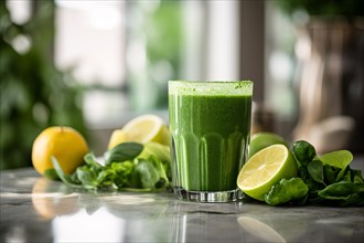 Green smoothie drink with fresh fruit and vegetable ingredients. KI generiert, generiert AI