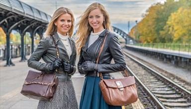AI generated, Two young blonde woman want to travel and wait for the train at the station, 20, 25,