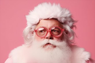 Santa Clauss with pink glasses on pastel pink background. KI generiert, generiert AI generated