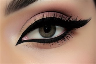 Close up of woman's eye makeup with thick black winged eyeliner and glamourous dark eyeshadow. KI