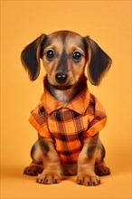 Cute young dog with orange shirt on yellow studio background. KI generiert, generiert AI generated