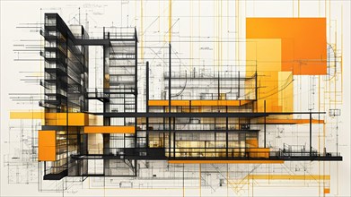 Contemporary architectural concept with a stark orange and black color scheme, horizontal aspect
