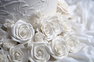Close up of white sugar roses on wedding cake. KI generiert, generiert AI generated