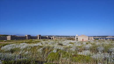 Expansive landscape with ruins and dense green grass under a bright blue sky, Methoni sea fortress,