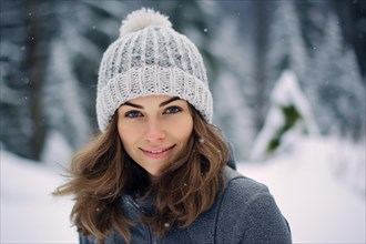 Woman with knitted winter hat in snow. KI generiert, generiert AI generated