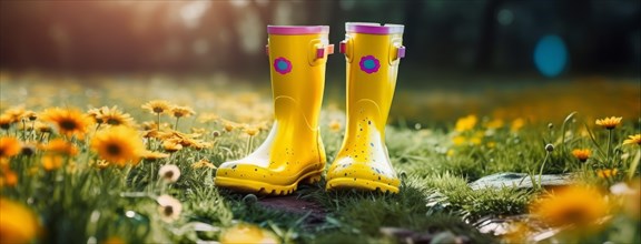 Yellow rubber boots among daisies on wet ground, suggestive of a sunny day after rain, Spring