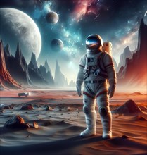 An astronaut stands in the fascinating alien landscape of an alien planet with several moons,