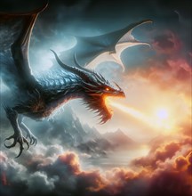 A fire-breathing dragon flies in the sky, symbolic image fantasy, fantasy, fairy tale, myth,