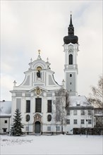 Snow-covered baroque church in winter, Marienmuenster, Diessen, Ammersee, Fuenfseenland,