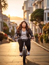 Plus size young asian Woman in a leather jacket cycles through the city at sunset, showcasing