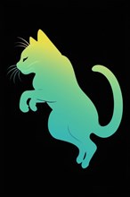 Simple art of a cat's jumping silhouette with a gradient from green to teal, minimalist vintage