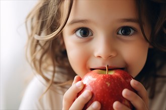 Small happy child eating a healthy red apple fruit. KI generiert, generiert AI generated