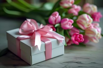 Gift Box with Pink Ribbon Beside bouquet of Fresh Tulips. Background for Valentine day, March 8,