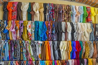 Display of many colourful scarves lined up in a shop, silk scarves, Soufli, Eastern Macedonia and