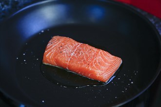 Preparation of Dreisam salmon with wild rice, raw salmon fillet in a pan, frying in oil, southern