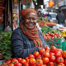 Cheerful woman with a checkered scarf smiling among fresh produce at a market, ai generated, AI